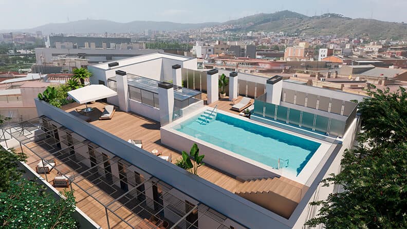 Vista exterior aerea terraza con piscina Centre de la Vila Santa Coloma